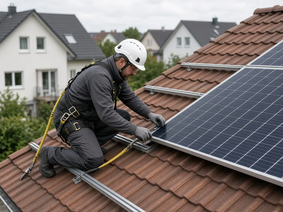 Fachkraft installiert Photovoltaikmodule auf einem Wohnhaus